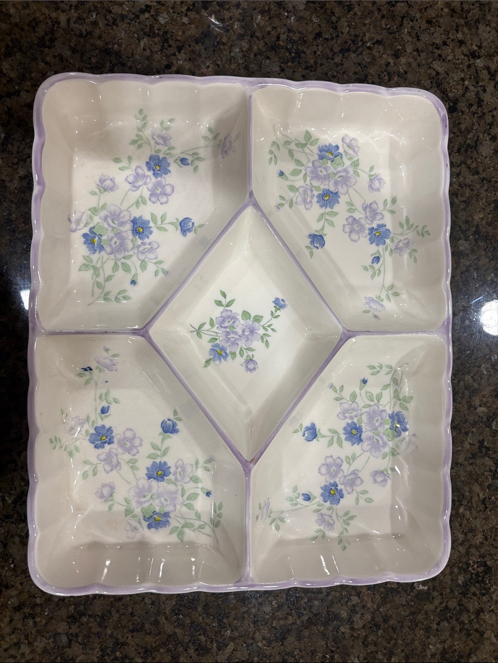 Floral Ceramic Divided Serving Platter in Lavender and White